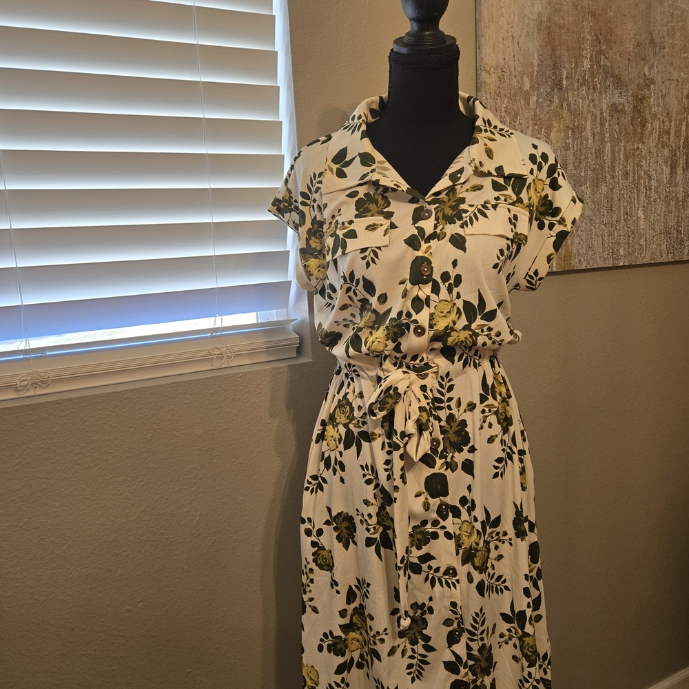 LuLaRoe Cream Dress with Olive and Yellow Floral Print